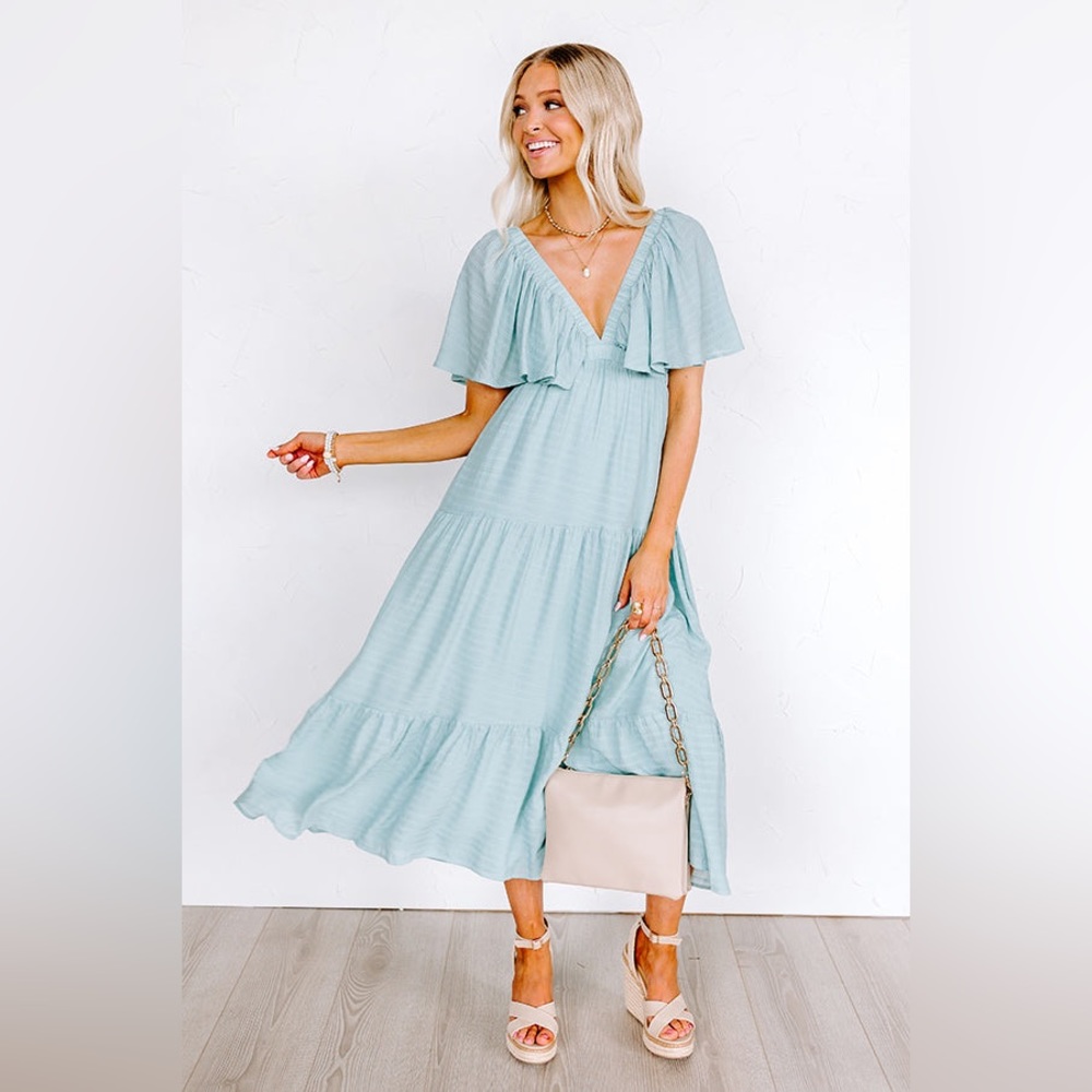 Lalavon TIERED Ruffled Sleeve MIDI DRESS - DUSTY SAGE Size Small